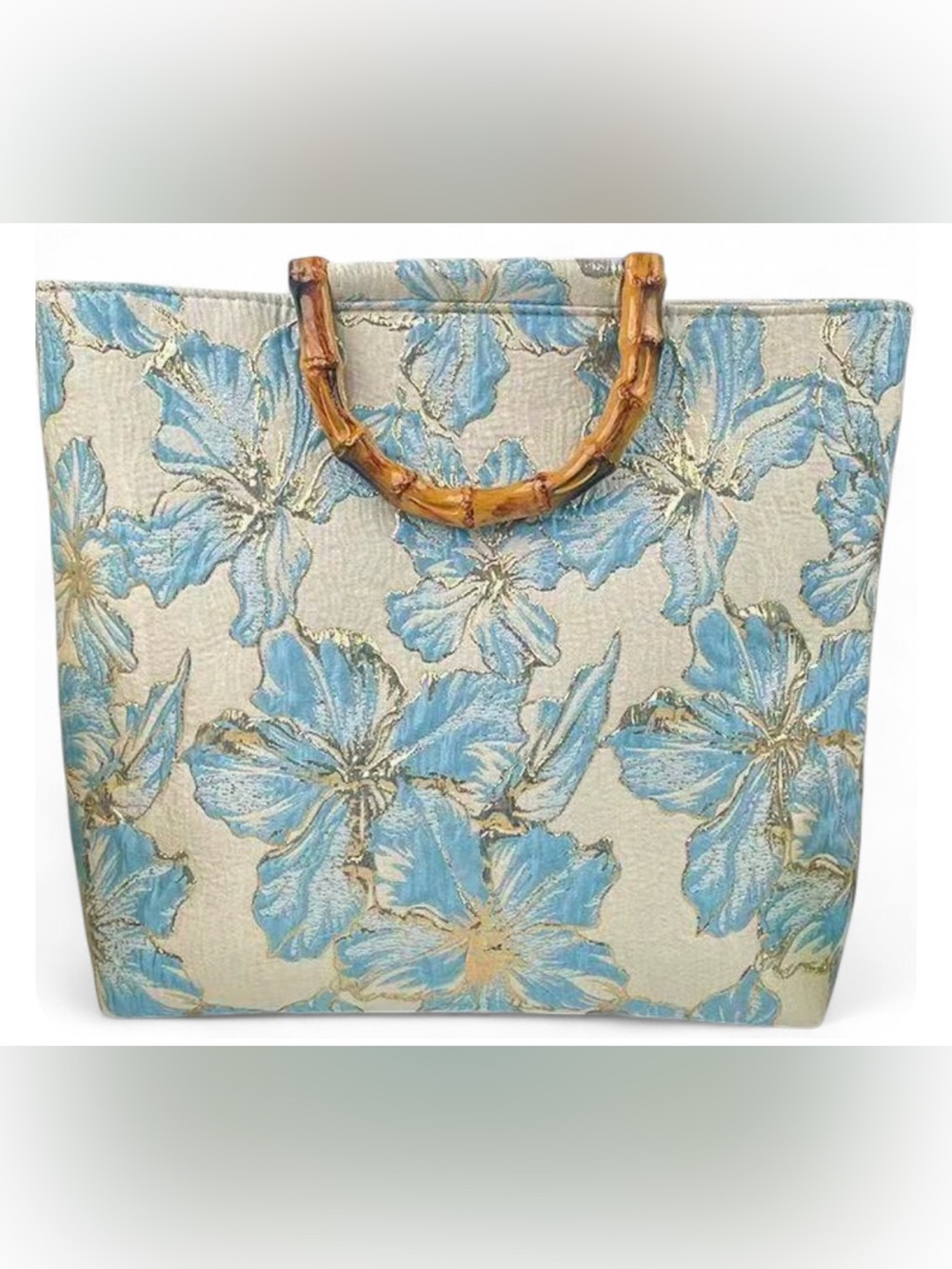 Blue Floral Bamboo Handle Tote Bag - Women